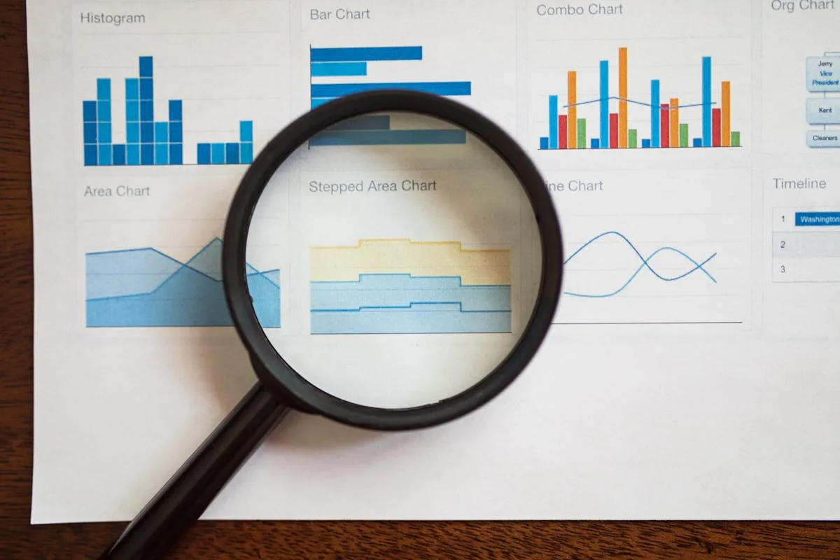 Magnifying glass examining business growth charts and graphs — analyzing domain rating progress
